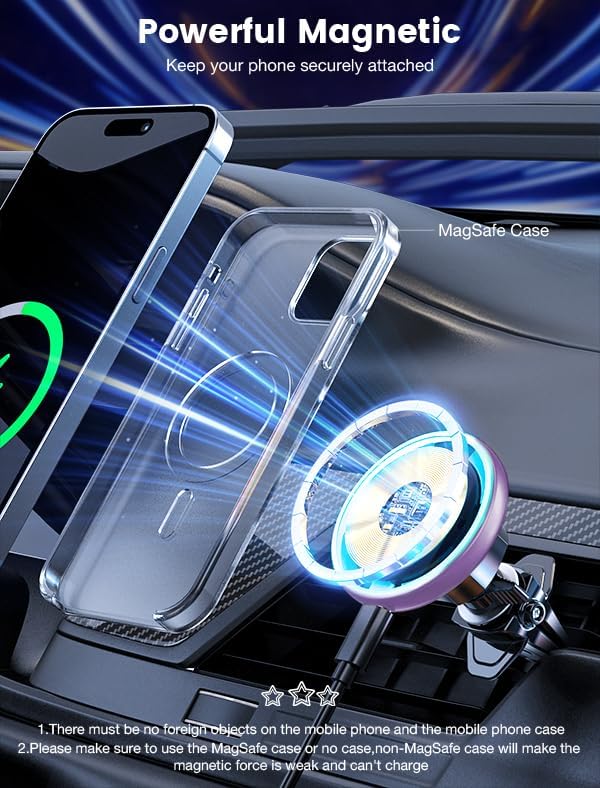 MOKPR for Magsafe Car Mount Charger-15W Wireless Car Charger-Magnetic Car Phone Holder for Dash Air Vent-LED RGB HandsFree Car Mount Fast Car Charger for iPhone 14/13/12 Series