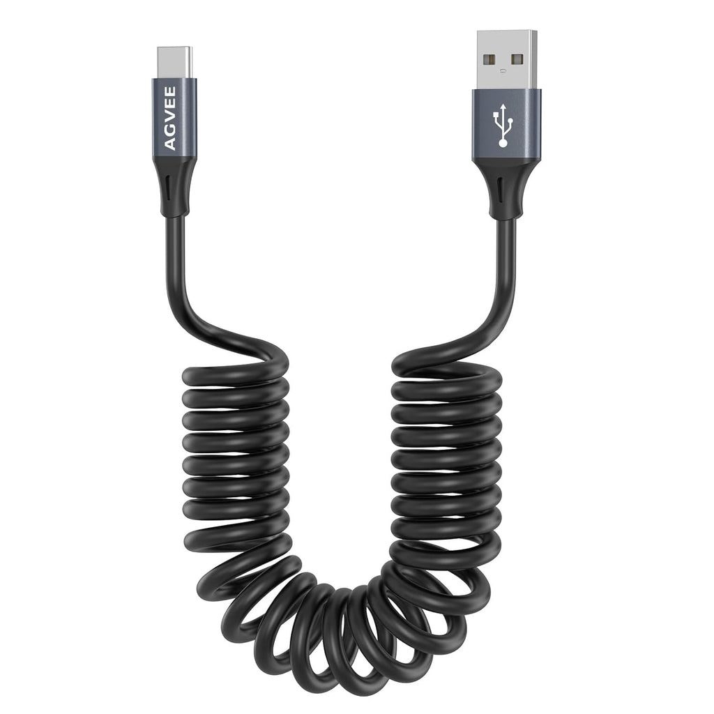 AGVEE 2 Pack 3ft Coiled Short USB to USB-C Charging Cable [USB-IF Certified] 3A Fast Charger Cord in Car for iPhone 16/15 CarPlay, Galaxy S25 S24 S23 S22 S21 S10 S9 S8, Google Pixel, Dark Gray