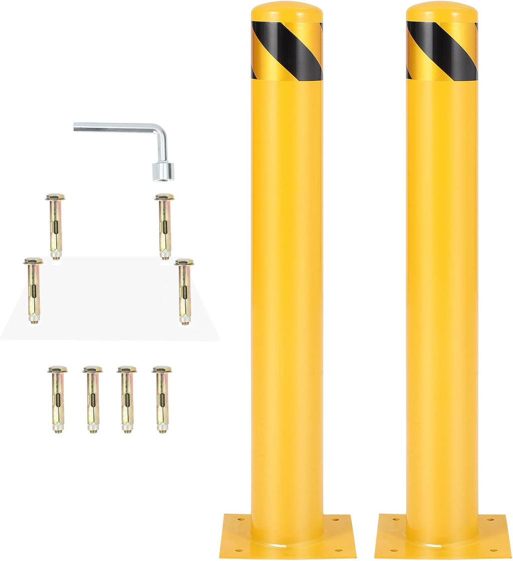 4.5x42 Inch Safety Bollard Post - Yellow Steel Bollard with Anchor Bolts (2-Pack) for Parking Lots, Walkways & Traffic Areas
