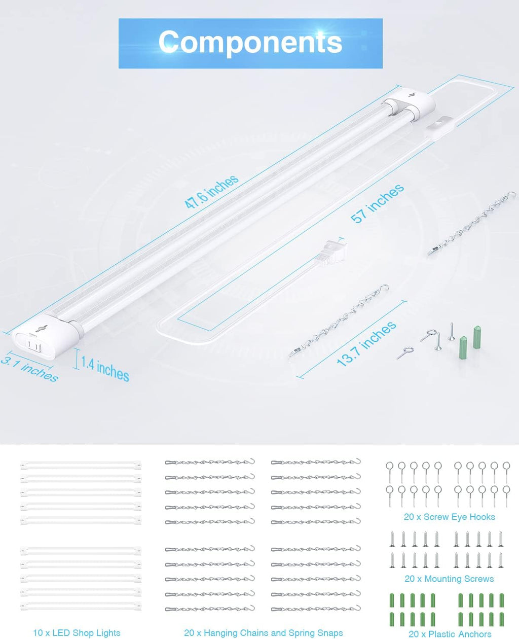 Ensenior 10 Pack Linkable Led Shop Light 4ft for Garage, 4400 High Lumens, 36W Equivalent 280W, 5000K Daylight, 48 Inch Utility shop led lights, Surface or Hanging Mount Fixtures, White, ETL Certified