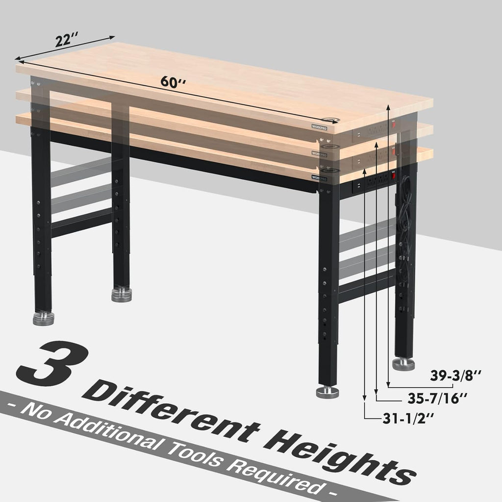 WORKPRO 60" Adjustable Workbench, Rubber Wood Top Heavy-Duty Workstation, 2000 LBS Load Capacity Hardwood Worktable with Power Outlets, for Workshop, Garage, Pack of 2
