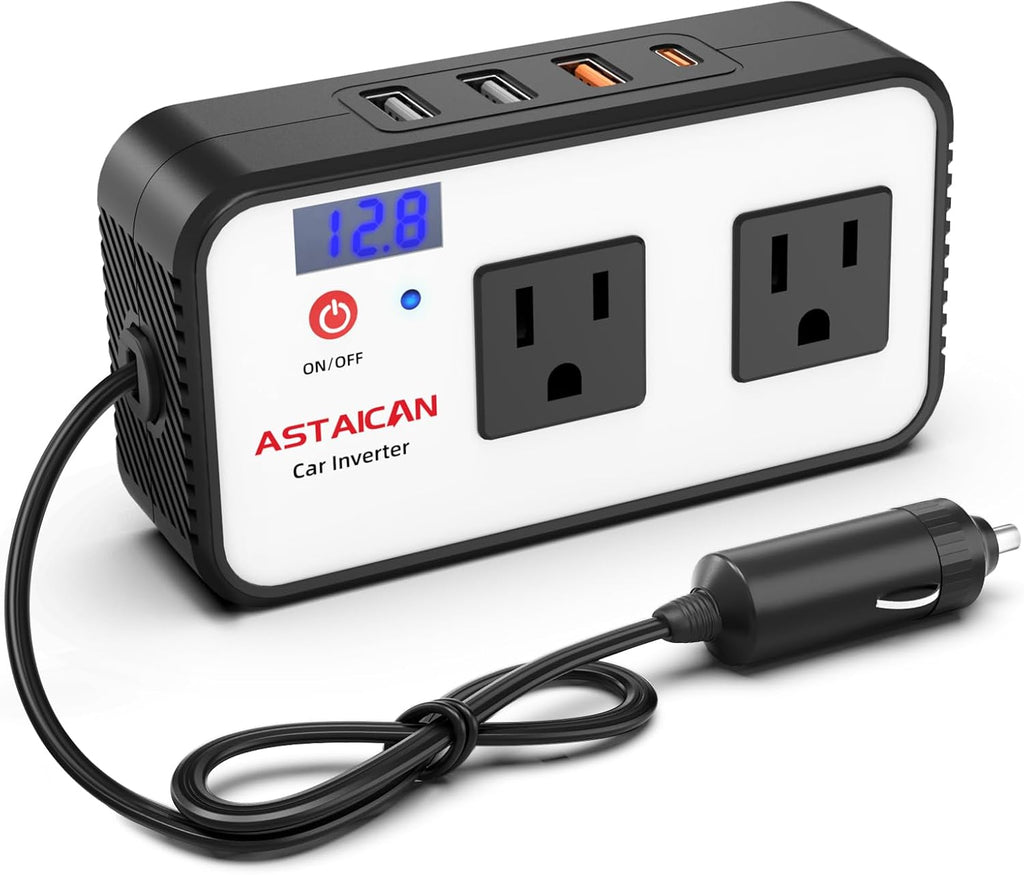 200W Car Power Inverter, DC 12V to 110V AC Car Plug Adapter with 20W USB-C & 18W USB-A Dual AC Outlet, PD/QC Fast Car Charger for Laptop, Vehicles, Road Trip Essentials, White