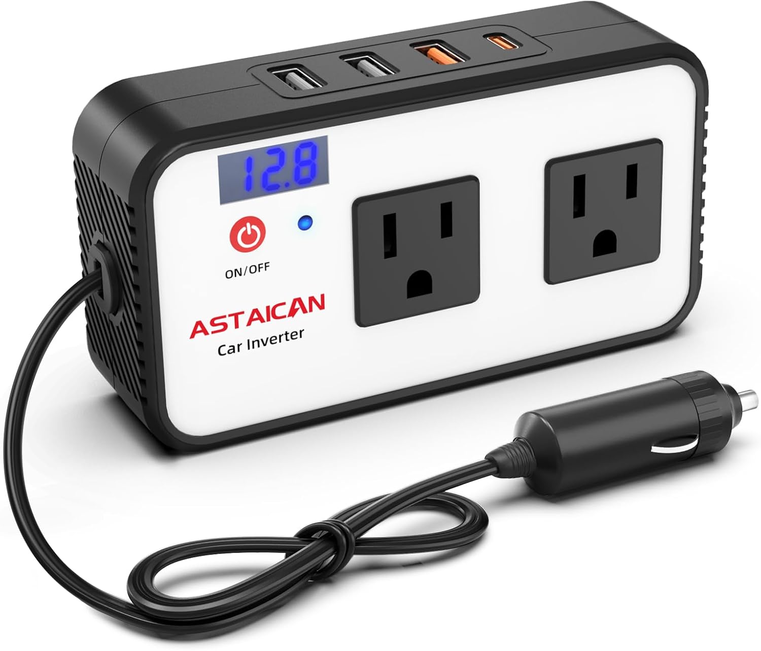 200W Car Power Inverter, DC 12V to 110V AC Car Plug Adapter with 20W USB-C & 18W USB-A Dual AC Outlet, PD/QC Fast Car Charger for Laptop, Vehicles, Road Trip Essentials, White