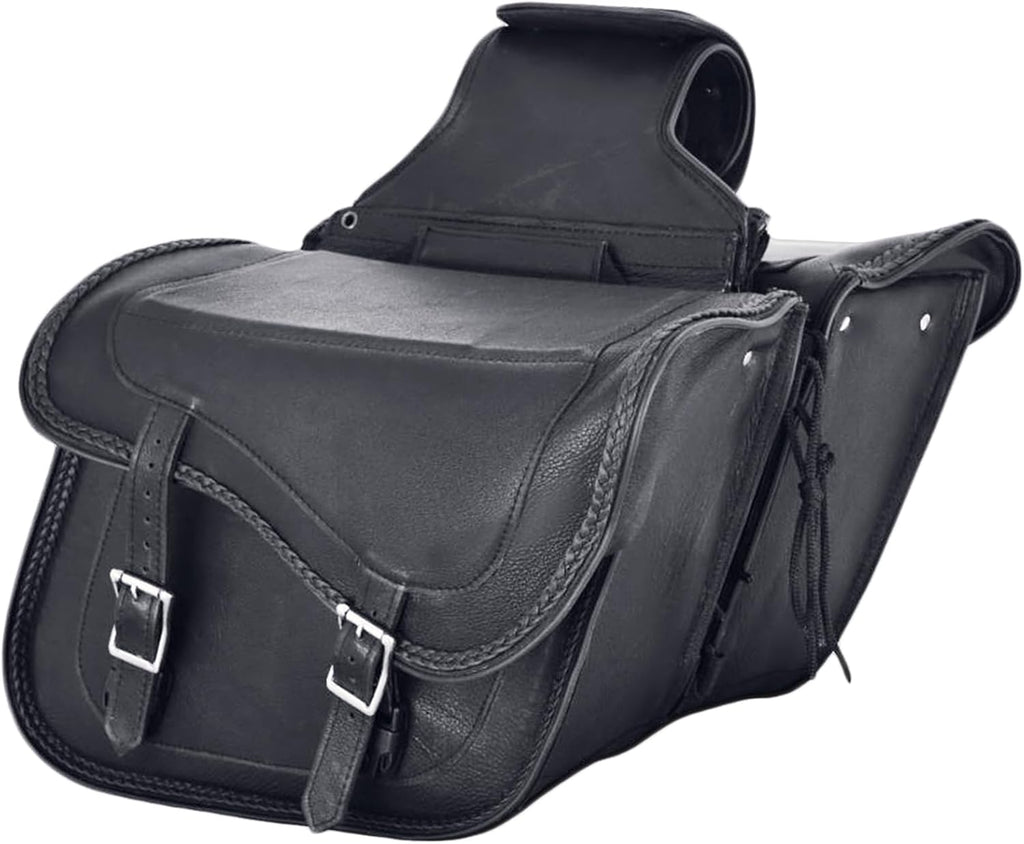 Dream Apparel Naked Cowhide Leather Motorcycle Saddle Bags Studded Throw Over Saddlebags, Motorcycle Side Bags for Honda Shadow Sportster Softail Dyna V-star (Black, No Studs)
