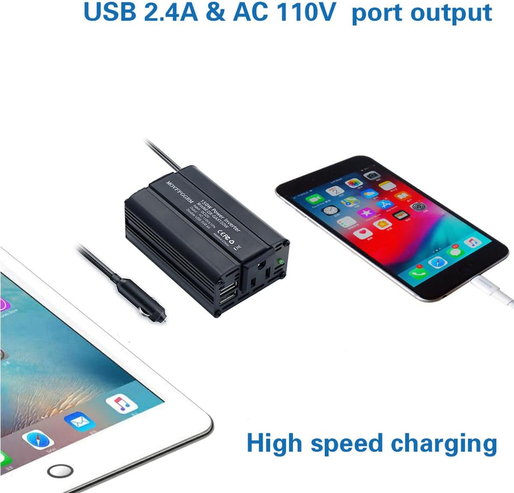 150W Power Inverter 12V DC to 110V AC Car Plug Adapter Outlet Converter with 2.4A Dual USB AC car Charger for Laptop Computer Black