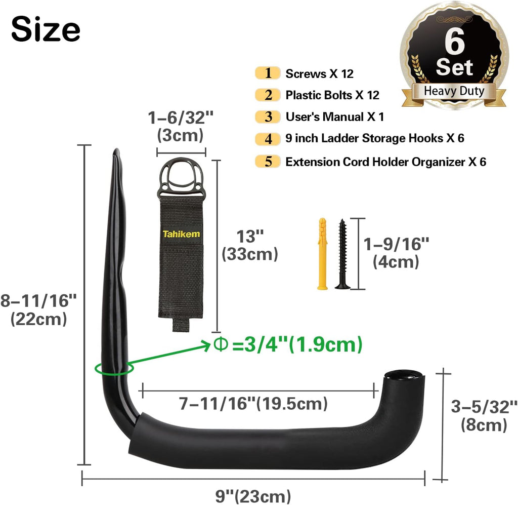 6 Set Garage Wall Mounts, 9 Large Wall J Hooks, Black - Heavy Duty Extension Cord Hangers for Ladders, Mowers, Cables