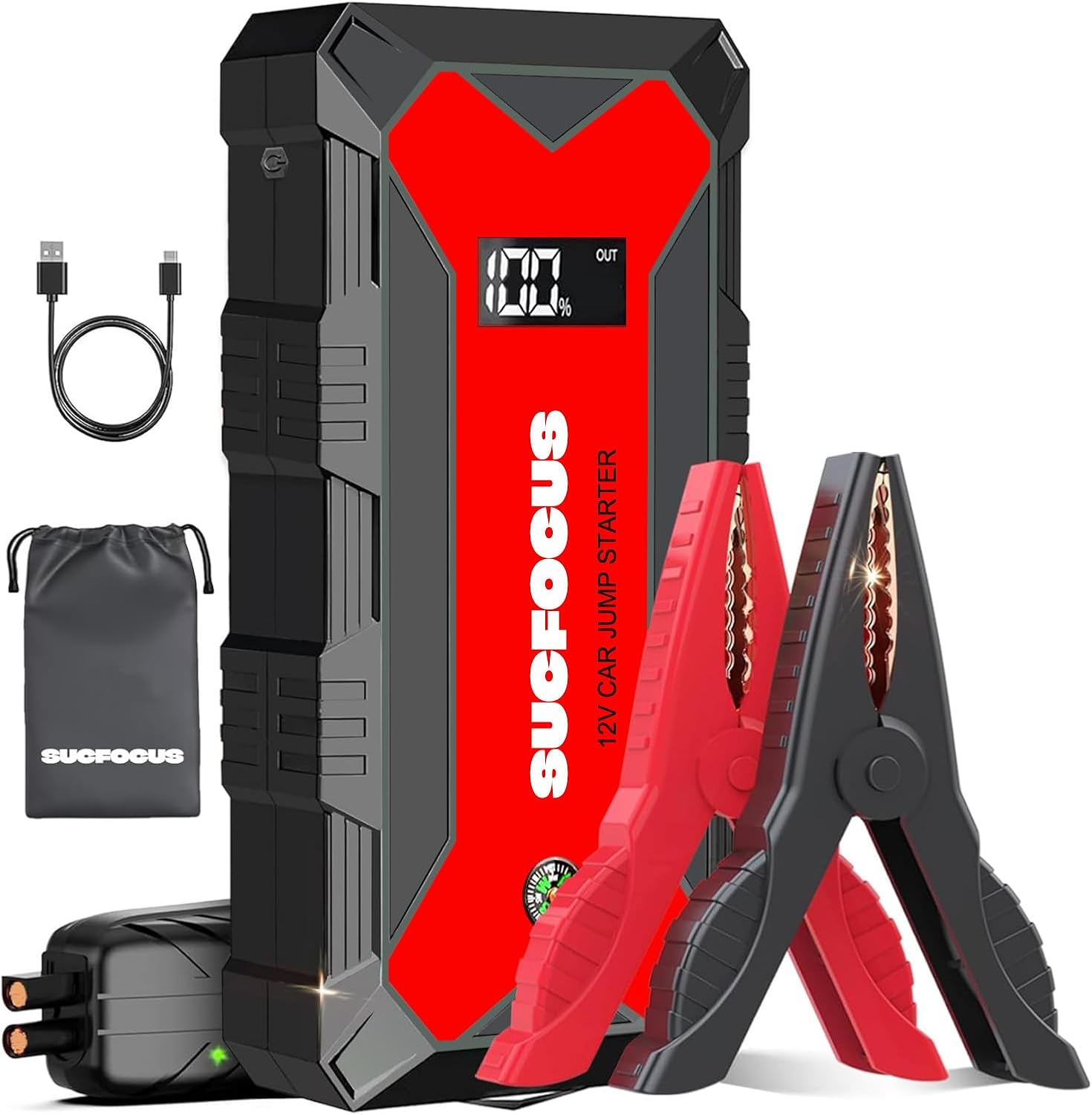 Car Battery Jump Starter, 2500A Battery Jumper Starter Portable (for 8.0L Gas or 7L Diesel Engine), Jump Box, Jump Start Battery Pack with Jumper Cables, LED Light, USB QC3.0 (Red)