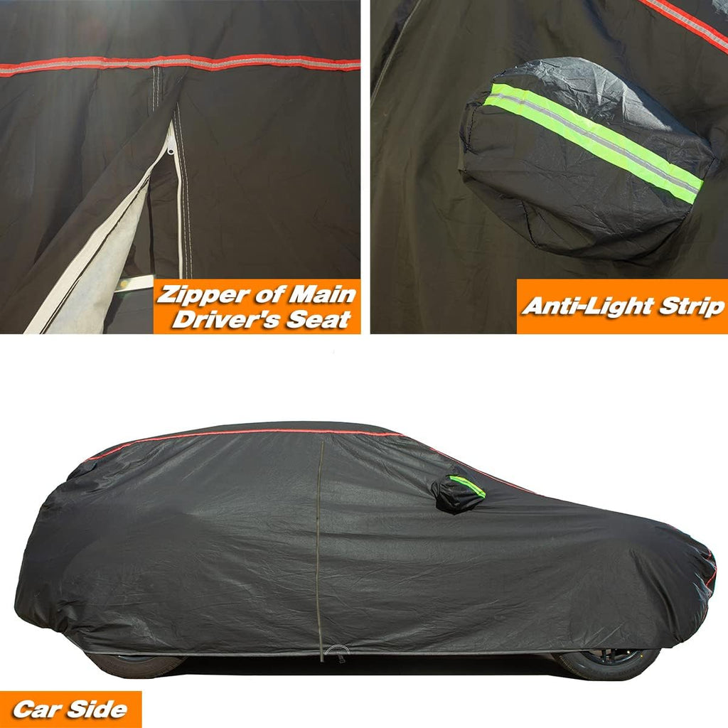 AUQDD 6-Layers PEVA New Material Sedan SUV Full Padded Car Cover Waterproof All Weather Weatherproof UV Sun Protection Snow Dust Storm Resistant Outdoor Exterior Custom Form-Fit Straps 188"-200" Black