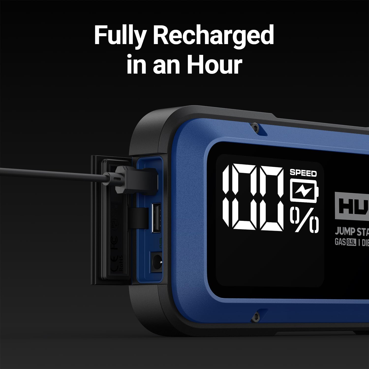 Hulkman Alpha85,Cobalt Blue, 2000A 74Wh Smart Jump Starter, 12V Portable Car Battery Booster with 3.3" Display, USB-C Power Pack,Includes 65W Wall Charger,Jumper Cables for up to 8.5L Gas/6.0L Diesel