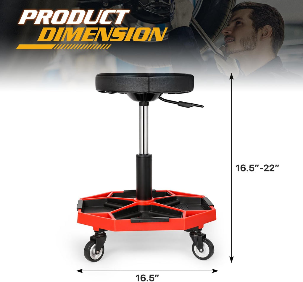 Magshion Adjustable Mechanics Stool with Wheels – 300 lbs Capacity Rolling Shop Stool for Garage & Workshop, Pneumatic Height Adjustable Work Chair with Tool Tray (Red)