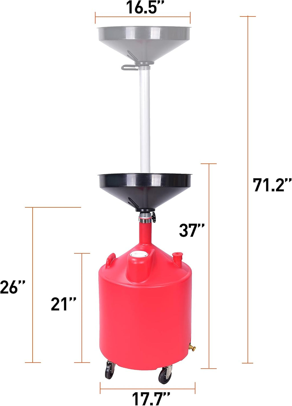 PONO Portable Waste Oil Drain Tank 18 Gallon with Steel Waste Oil Container, Adjustable Funnel Height, Oil Changing, Oil Dolly for Car Fluid Fuel Transfer Drainage