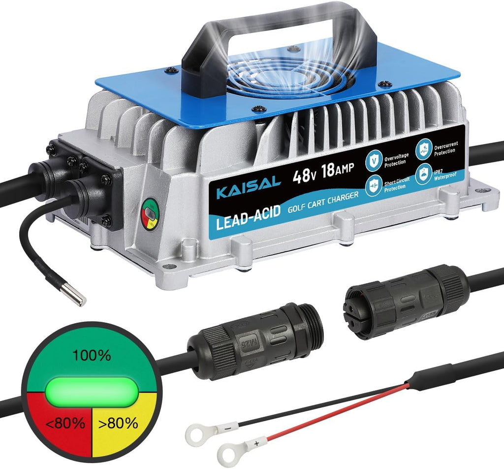 KAISAL 48V Charger 1250W 18A Golf Cart Battery Charger for 48 Volt Club Car/EZGO/Yamaha Onboard Lead-acid Golf Cart Charger with M8 Terminal for all 48V Vehicles, Forklift, Floor Scrubber, Motor, Boat