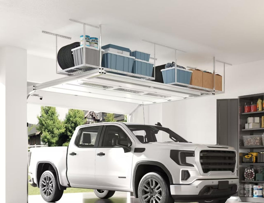 FLEXIMOUNTS 2 Pack 3x6 Overhead Garage Storage Adjustable Ceiling Rack 72" Length x 36" Width x 40" Height, 900lbs Total Weight Capacity, White
