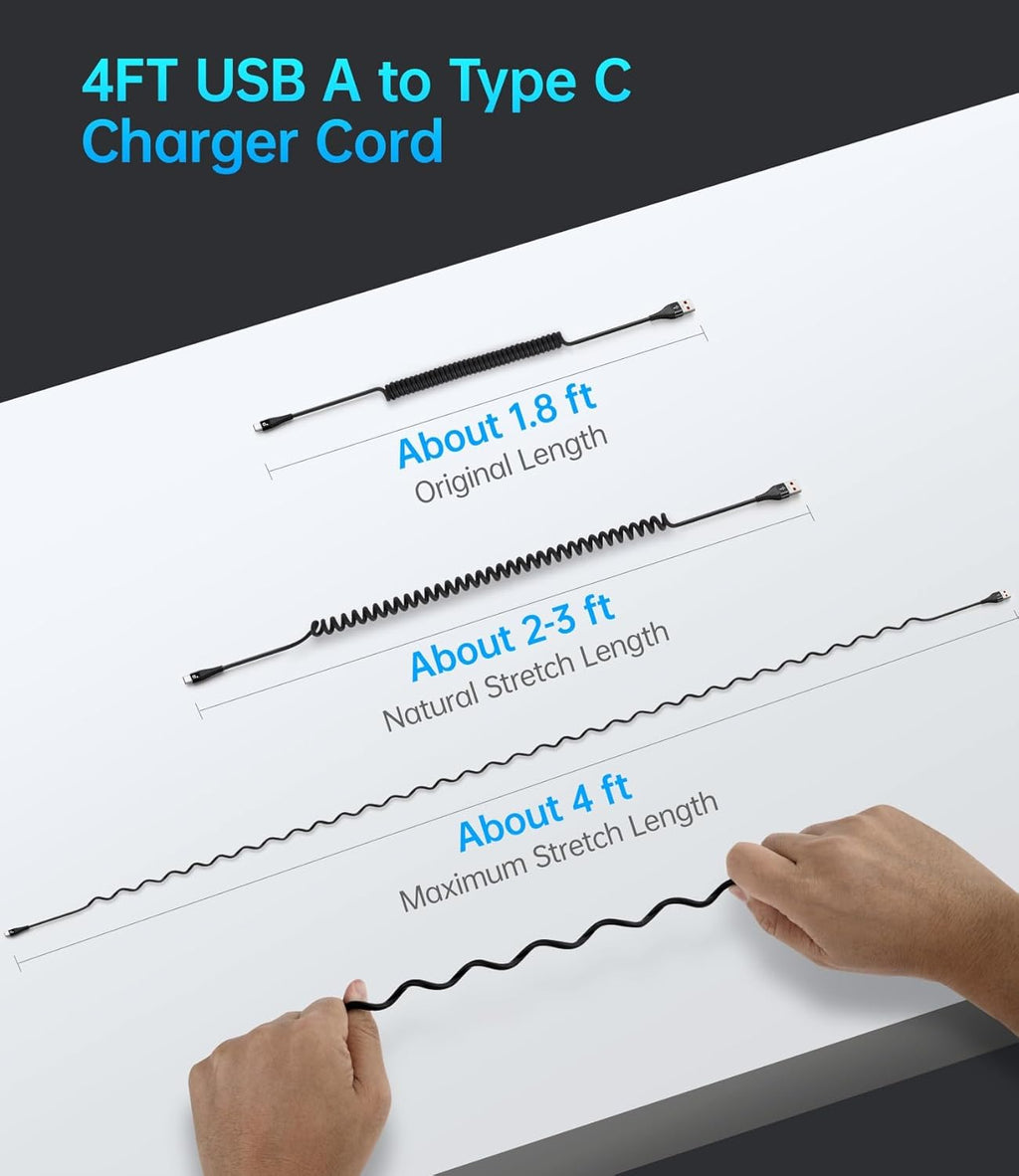 USB C Cable Fast Charging, 2Pack 3ft Coiled USB A to USB C Charge Cable for Car, USB-C Charging Cord Compatible with iPhone 16/15/Pro Max/Plus/Samsung Galaxy S20 S10 and More Type C Devices-Black