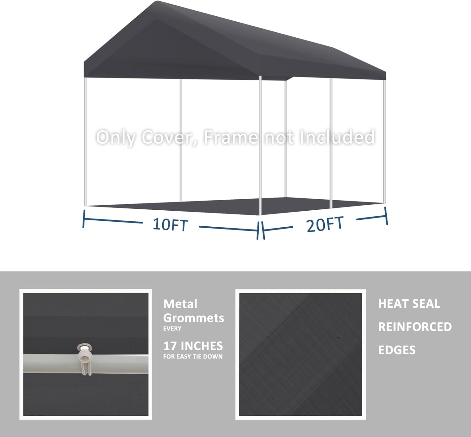 10' x 20' Upgraded Carport Replacement Canopy Cover Grey for Car Garage Shelter Party Tent Top Tarp with Ball Bungees (Only Top Cover, Frame is not Included)