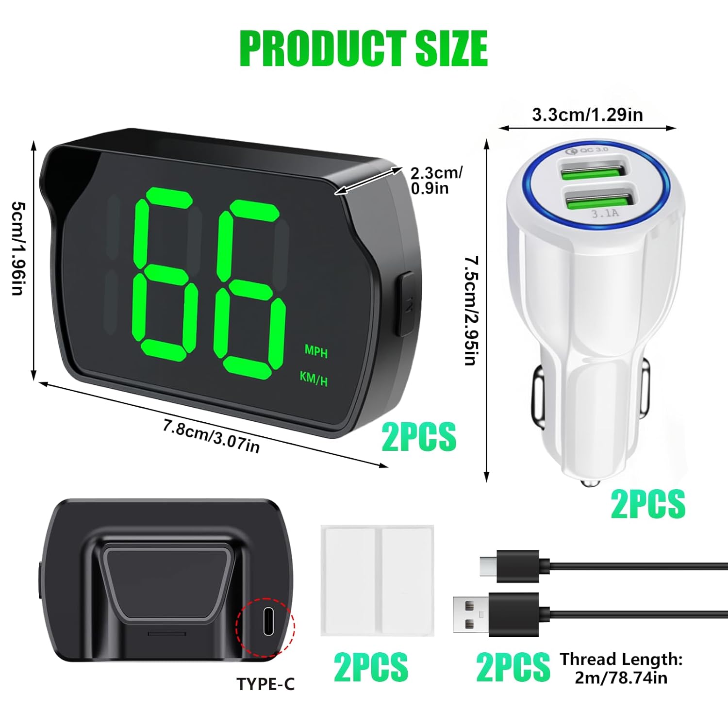 GPS Digital Speedometer for Car MPH, Universal HUD Speed Meter with LED Large Font, Plug Play for Car Truck Motor SUV Golf Cart All Vehicles (2 Pack Digital Speedometer with Charger)