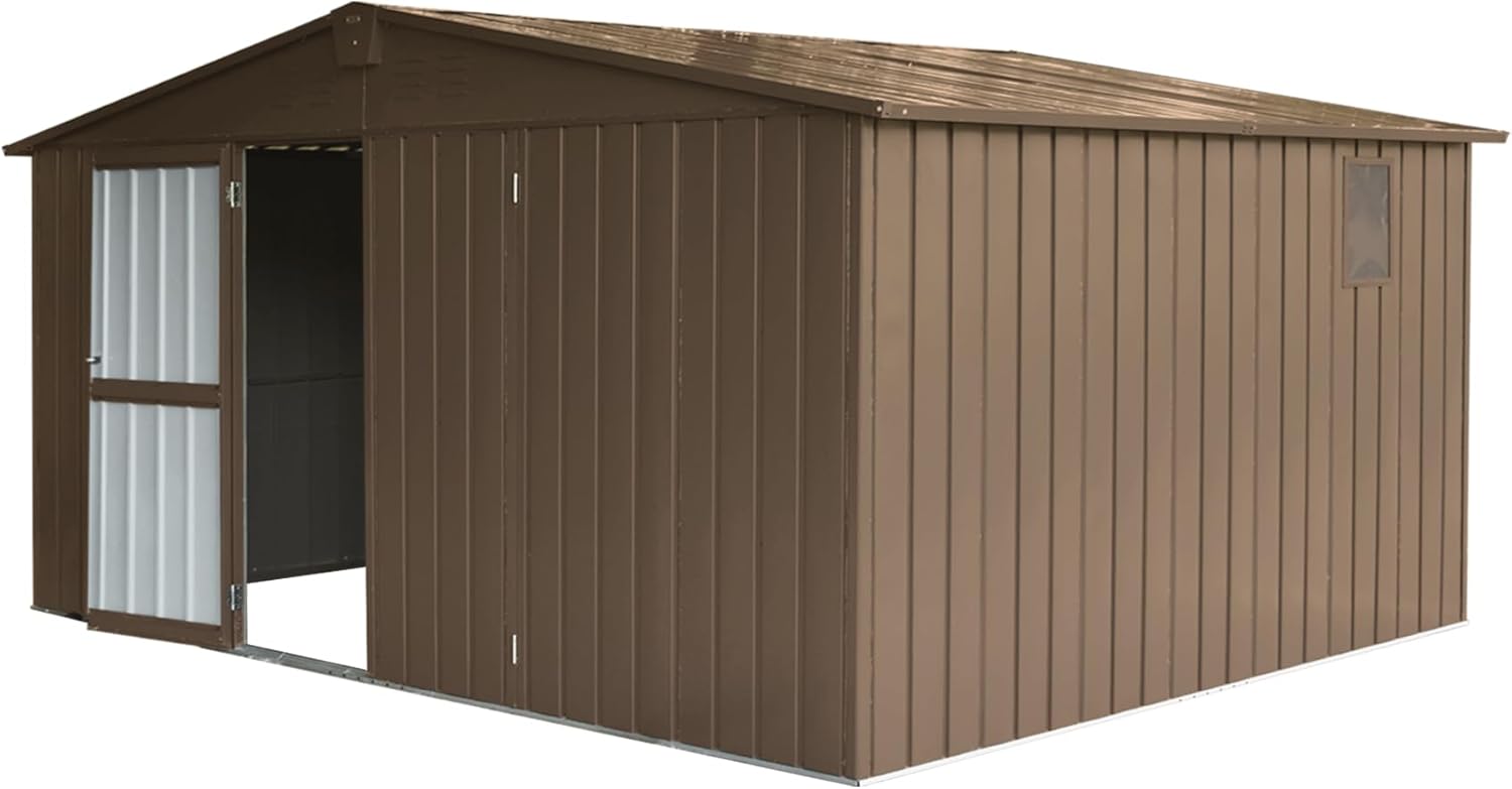 IKERY Extra - Large Galvanized Steel Storage Shed - 11' x 12.5' with Windows and Lock, Garden and Utility Tool Shed for Backyard and Patio, Brown