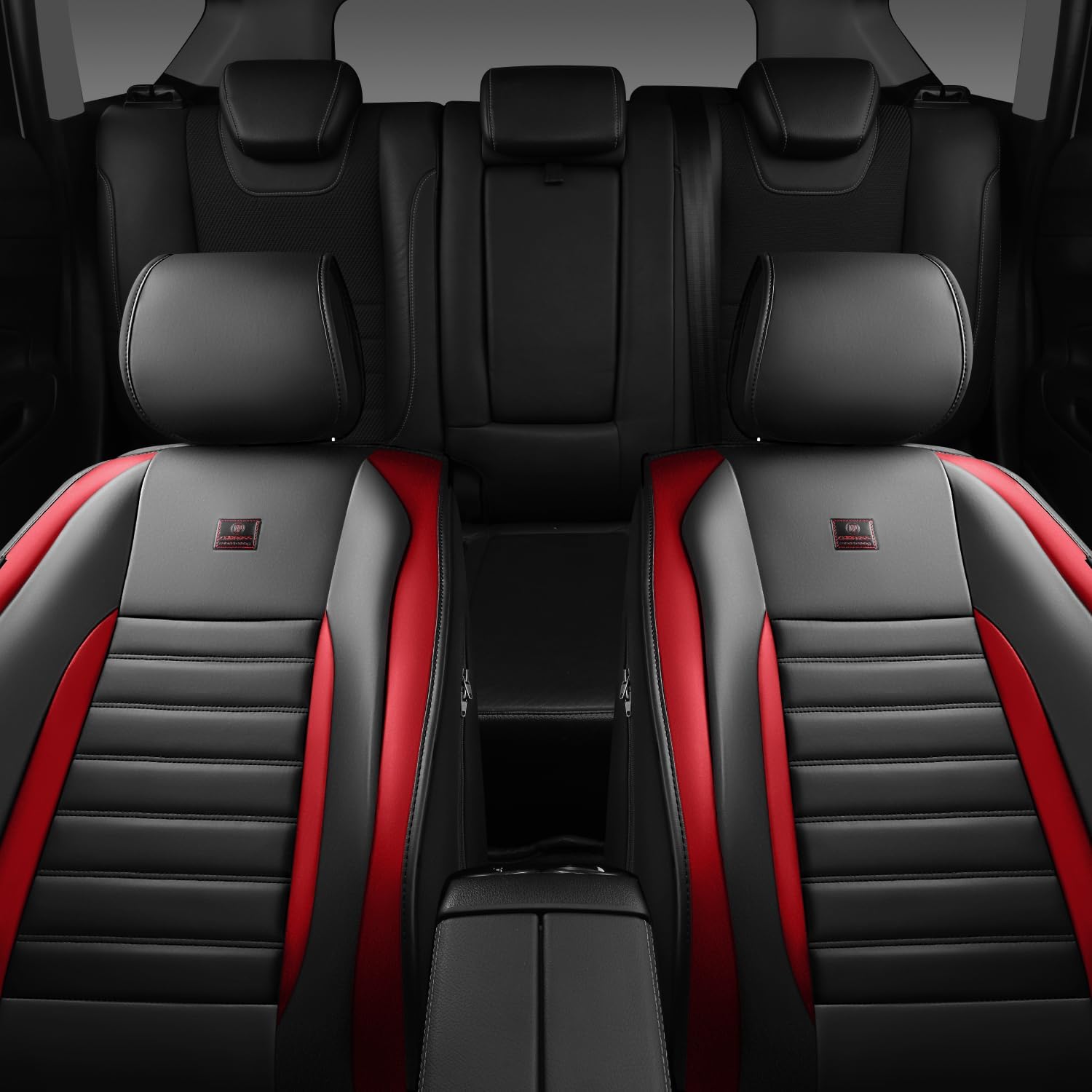 CAR PASS Nappa Leather Car Seat Covers Front Seats, Luxury Seat Protector for Cars, Waterproof Anti-Slip Seat Cushion Armrest Compatible Airbag Universal for Sedan SUV Pick-up Truck Auto, Black Red