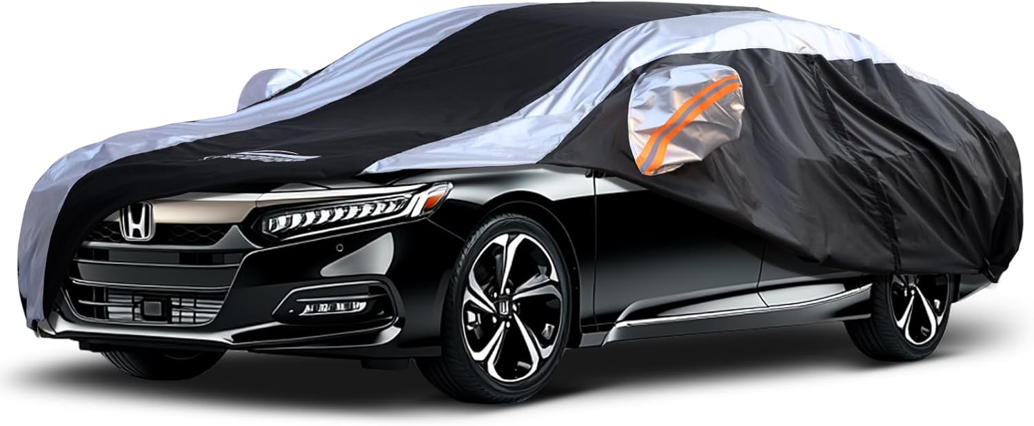 Honda Accord Car Cover Waterproof All Weather with Silver Strip Design, Custom Fit for Honda Accord 2005–2025, Accord Accessory with Door Zipper & Windproof Straps