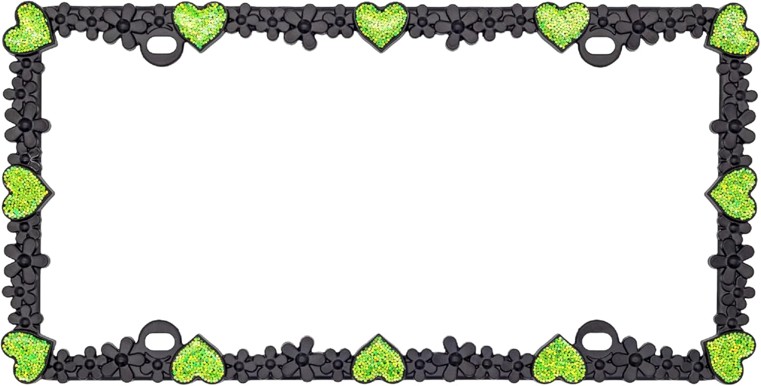 Creathome 3D Shining Daisy Heart License Plate Frame from Pure Zinc Alloy Metal Perfect Plate Holder, Matt Black with Green Glitter, Luminously Heart