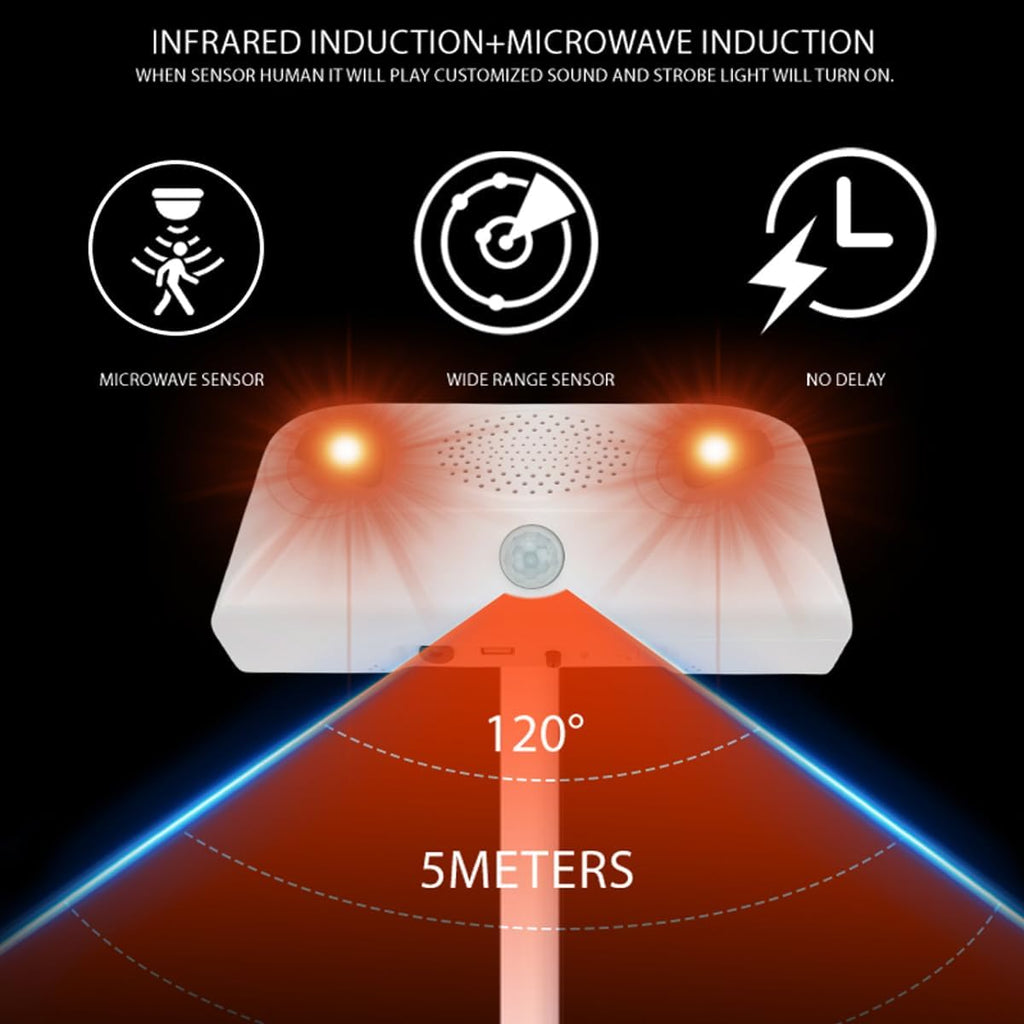 Sound Strobe Warning Lights, LED Intelligent Microwave Sensor Automatic Voice Prompter, IP65 Waterproof & Dustproof Infrared Visual Alarm Speaker for Outdoor Safety, Forest Fire Prevention.