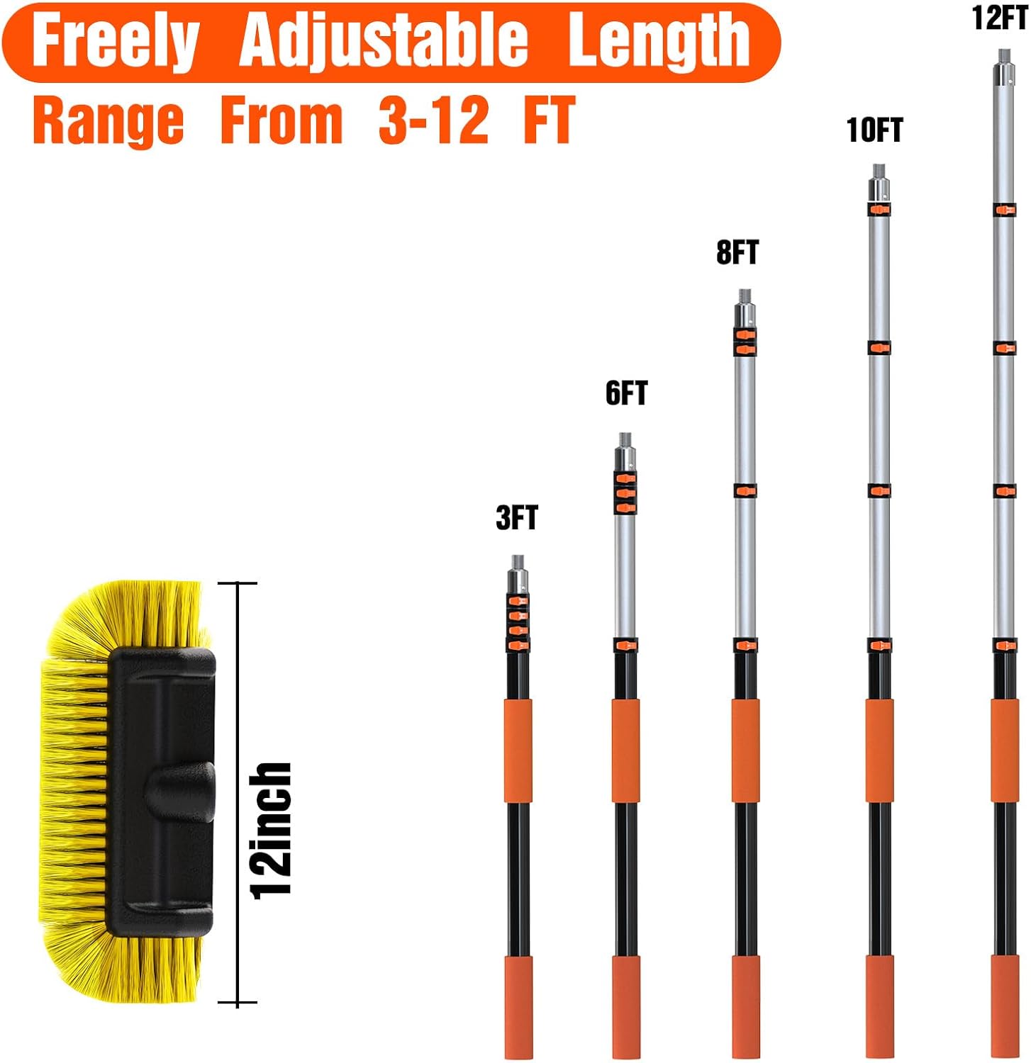 12FT Car Wash Brush with Long Handle, Car Cleaning Brush with 12 Inch Soft Bristle, Solar Panels Cleaner with Telescoping Pole for RV, Truck, Boat, House Siding
