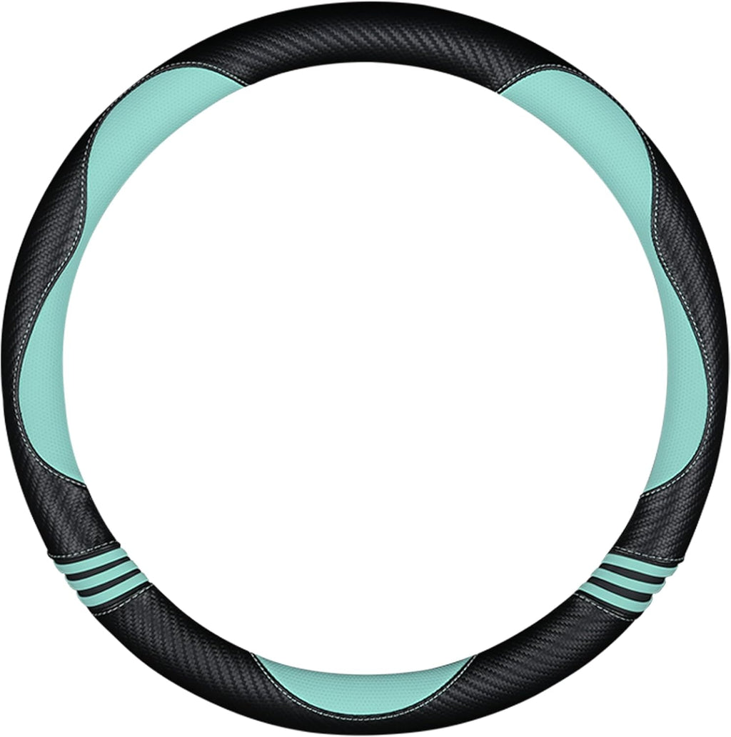 Car Steering Wheel Covers for Women Padded Carbon Fiber PU Leather Cute Auto Interior Accessories for Vehicle, Sedan, Universal, Anti Slip, Green, Standard Size 14.5-15"(37-38cm)