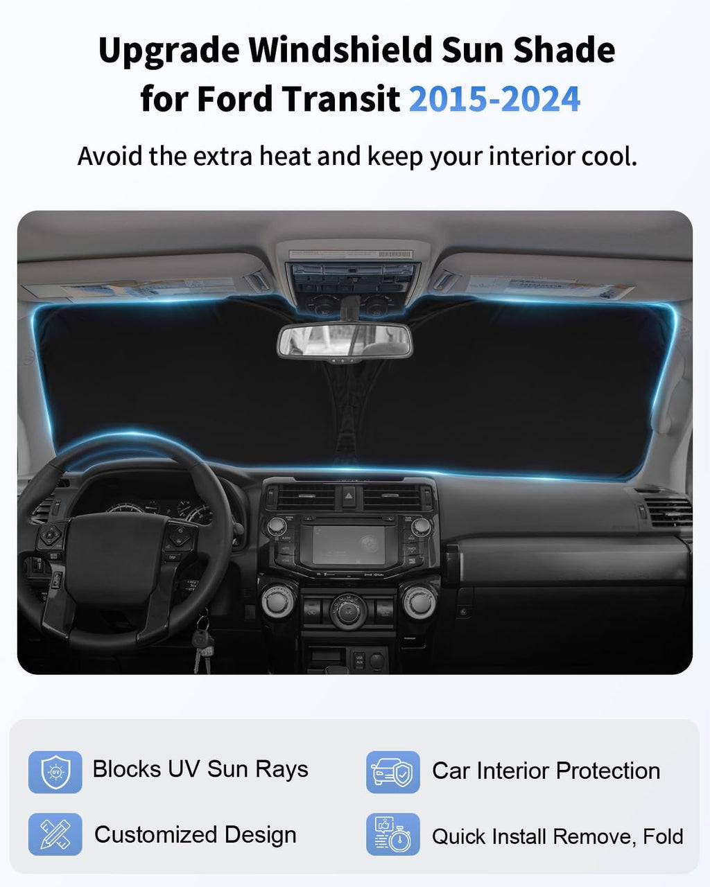 Sunshade for Transit Windshield Sun Shade Custom Sun Visor Fit 2015-2025 2026 Ford Transit Wagon XL Wagon XLT ＆ Van XL Accessories Foldable Double Layer Window Heat Shield Protector Block UV Ray