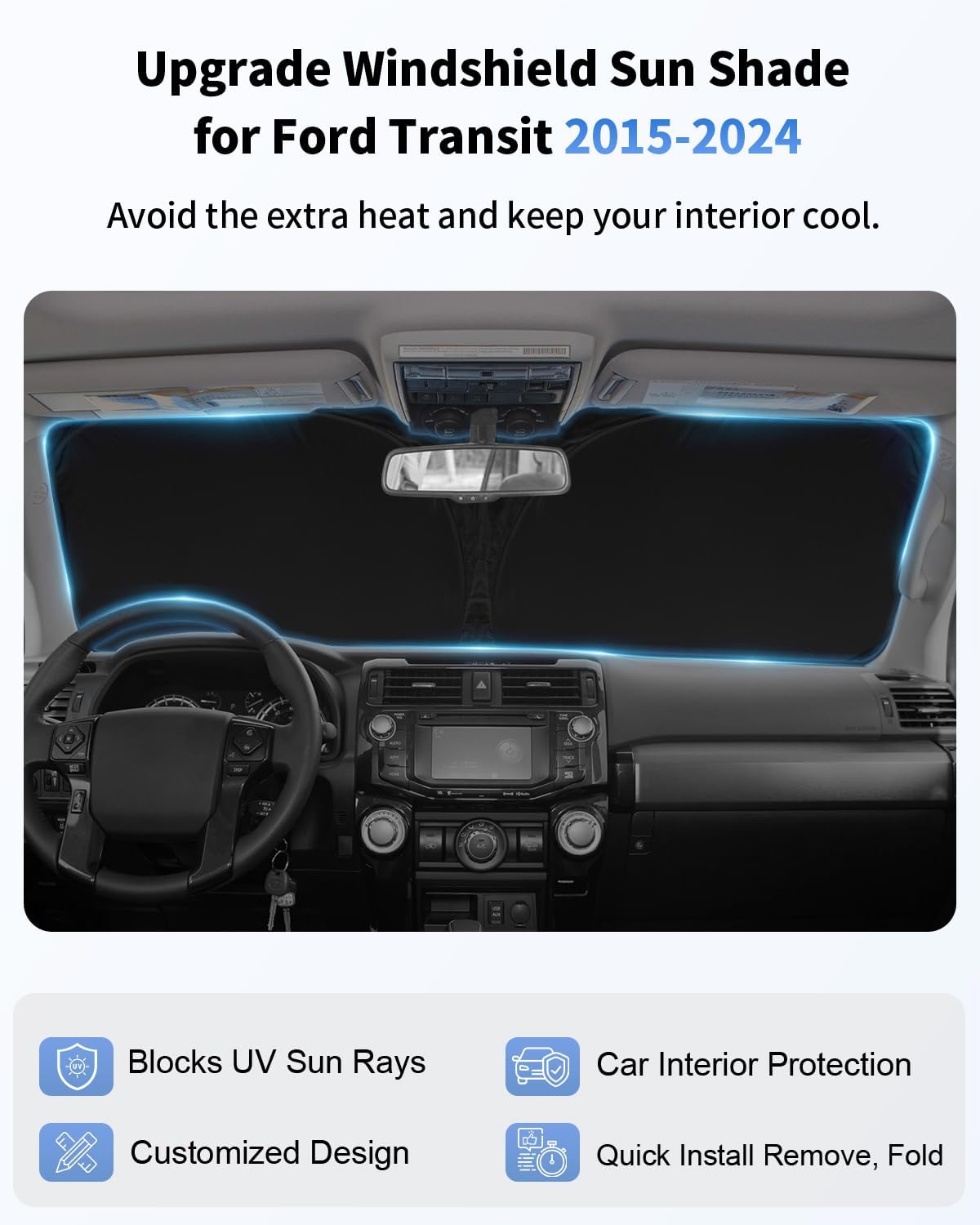 Sunshade for Transit Windshield Sun Shade Custom Sun Visor Fit 2015-2025 2026 Ford Transit Wagon XL Wagon XLT ＆ Van XL Accessories Foldable Double Layer Window Heat Shield Protector Block UV Ray