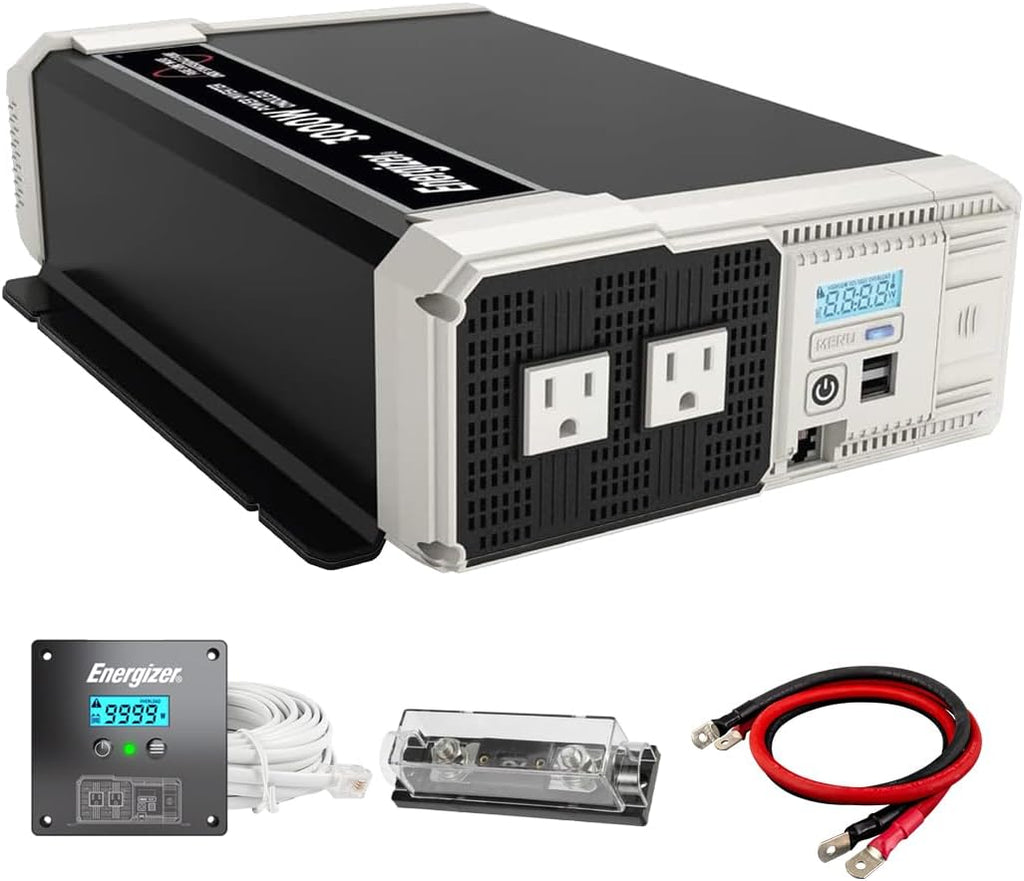 Energizer 3000W Pure Sine Wave Inverter 12V DC to 120V AC Converter for RV, Truck, Off-Grid Solar Power Inverter 12V to 110V W/QC 3.0A Each USB Port, AC Hardwire Port, Remote Cables Fuse Included