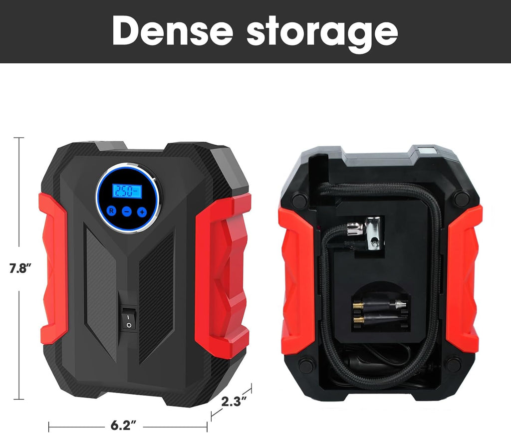 Digital Air Compressor for Car Auto Pump Portable Tire Inflator with LED Light DC 12V, Red