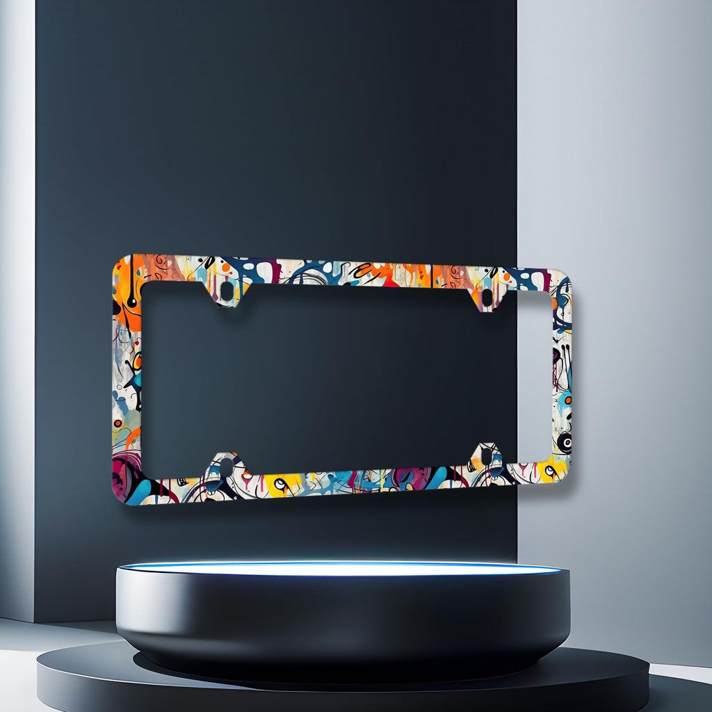 Abstract Graffiti Pattern License Plate Frame Colorful License Plate Stainless Steel Car Accessory Funny License Plate Auto Parts Decoration Men Women Size 12.2" x 6.2" with Screws