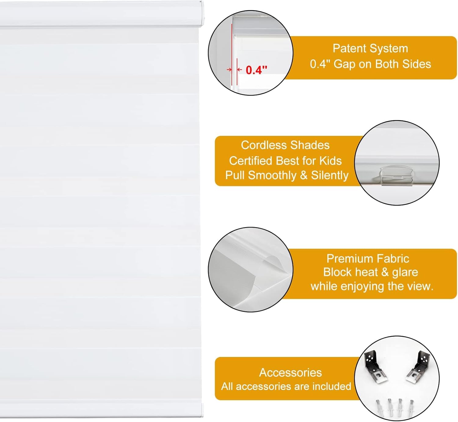 Persilux Zebra Blinds for Windows, Cordless Roller Blinds (50" W x 72" H, White) Light Filtering Sheer Window Treatments, Light Control for Day and Night, Room Darkening Roller Shades for Windows