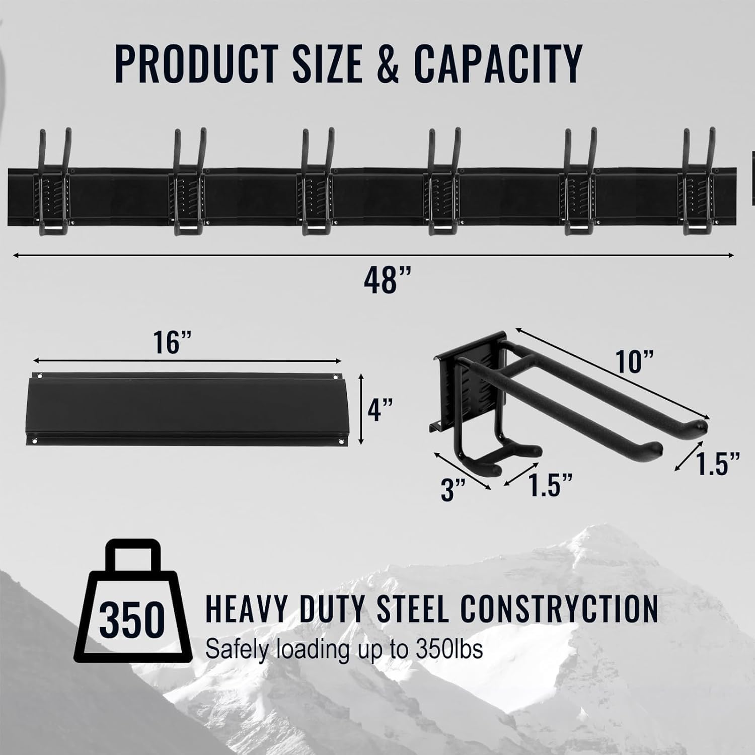Wall Mount Tool Storage Rack, Heavy Duty Garage Storage Tool Organizer, Garden Tool Wall Hooks and Hangers, Hold Up to 350lbs Black 2Pack, AK806-Black-2Pack