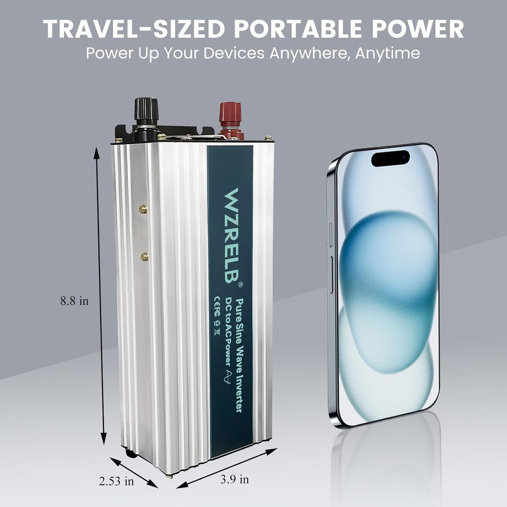 WZRELB 800W Pure Sine Wave Inverter 24V DC to 110V 120V AC Power Converter with LED Display, Off-Grid Portable Power Inverter with 2 AC Outlets for Home, RV, Truck, Camping