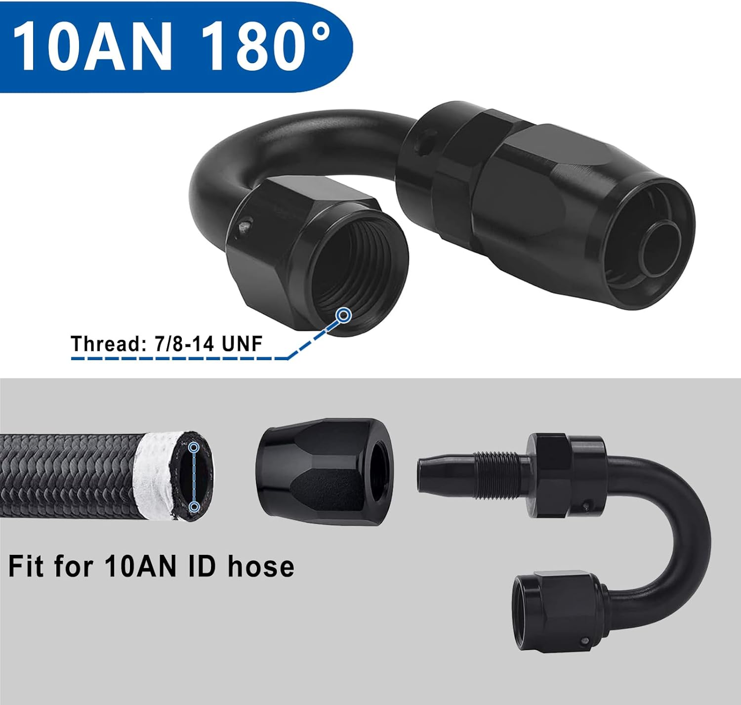 LokoCar 10AN Hose End Fitting 180 Degree Swivel For CPE Braided Hose Black 2Pcs