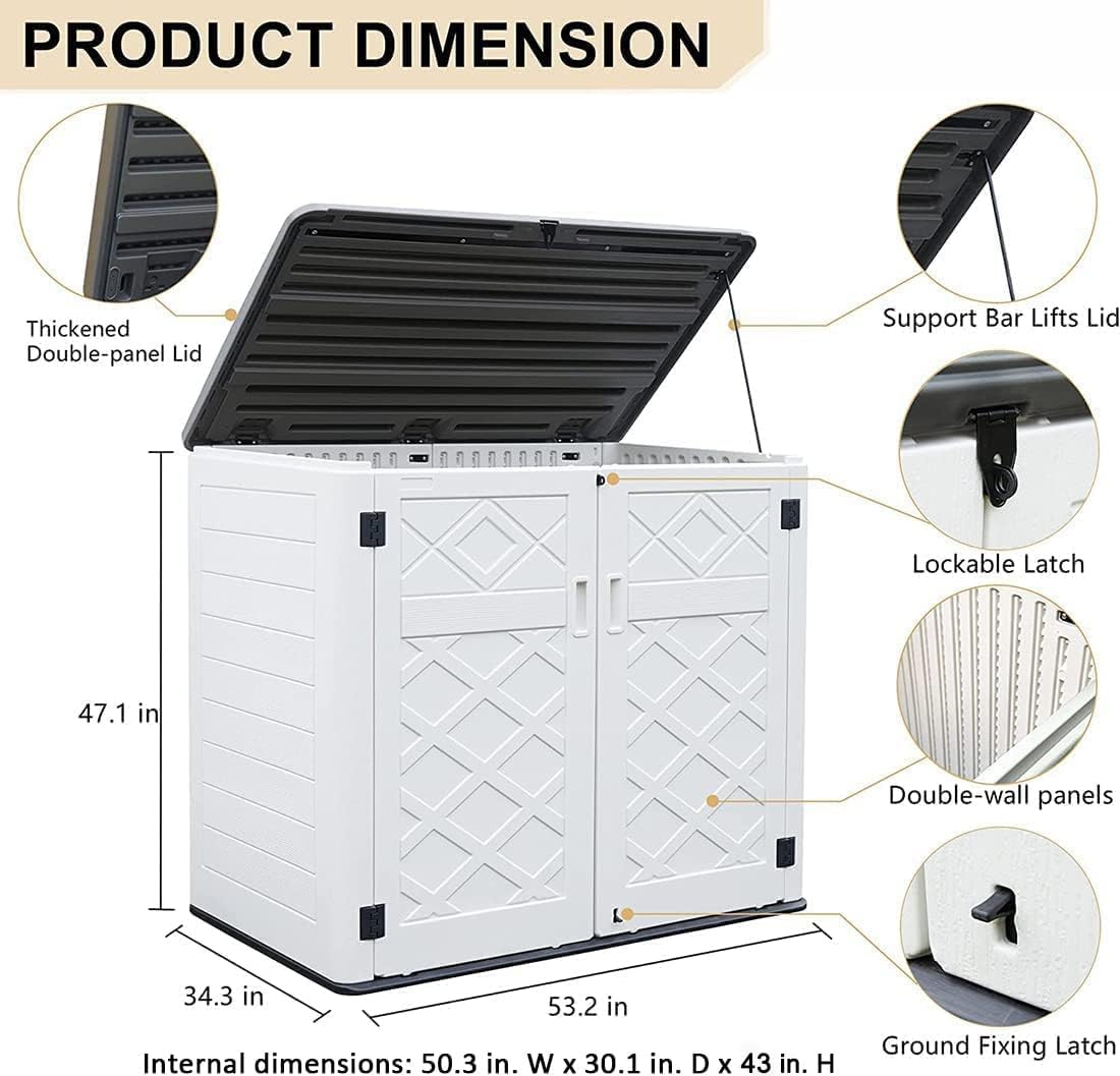 KINYING Horizontal Outdoor Storage Shed,47 Cu.ft Resin Outdoor Storage Cabinet Waterproof for Garden/Patio/Backyards