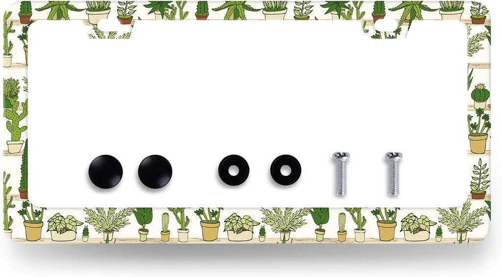 Cute Cactus License Plate Frame Tropical License Plate Holder Stainless Steel Funny Design Compatible with Standard License Plate for USA Canada 12.3" x 6.3" with 2 Screws