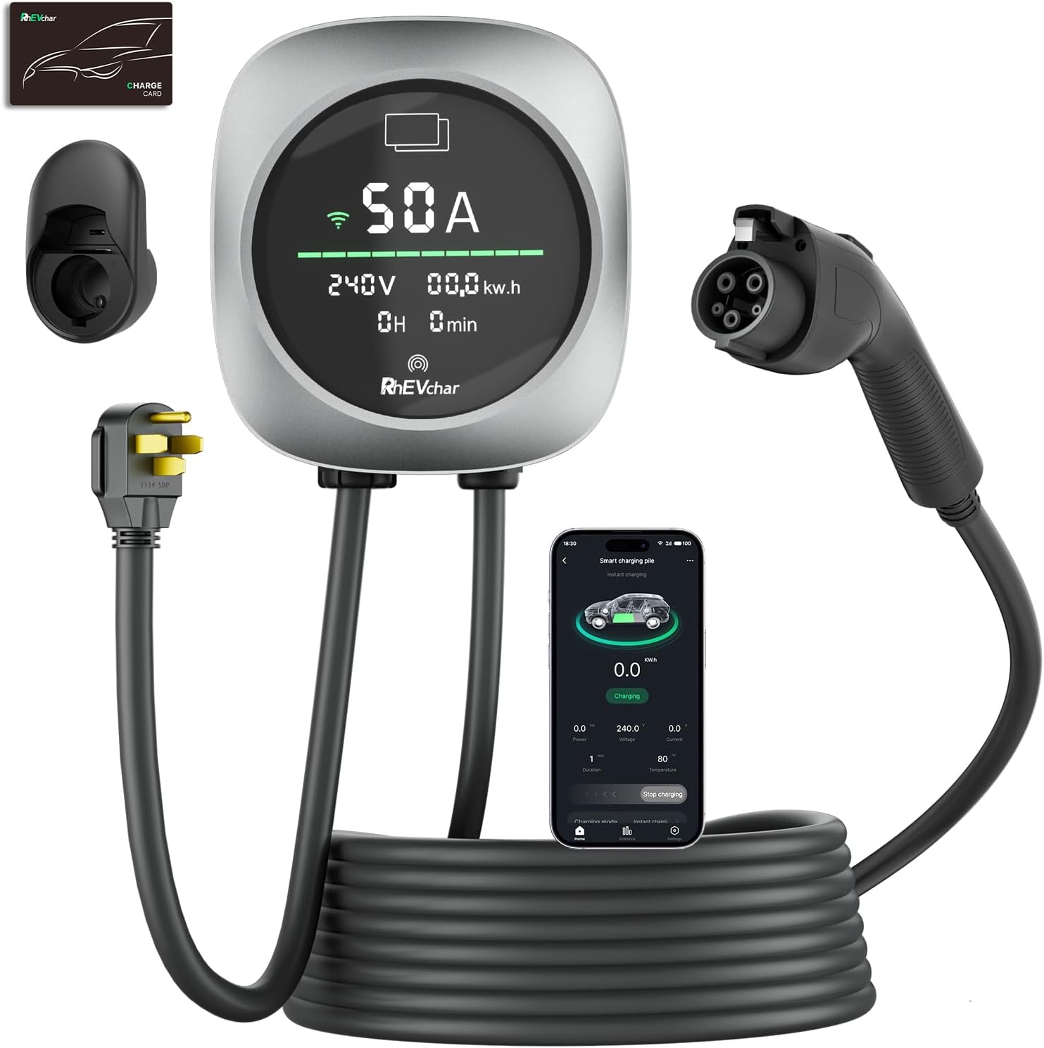Level 2 EV Charger 50 Amps Smart Motion Sensor Screen Electric Car Charger for Home with WiFi, RFID, 240V, NEMA 14-50 Plug or Hardwire, 25FT Cable APP Controlled Vehicle Chargers for All EVs