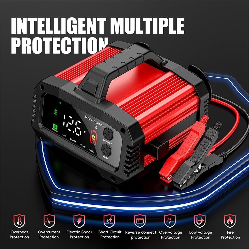 YONHAN 25A Battery Charger & Maintainer,12V/24V All-in-One Charger for LiFePO4, Lead Acid, AGM, Lithium, Marine, Boat, and Deep Cycle Batteries,5-Level Adjustable Current, Booster Mode,Trickle Charge