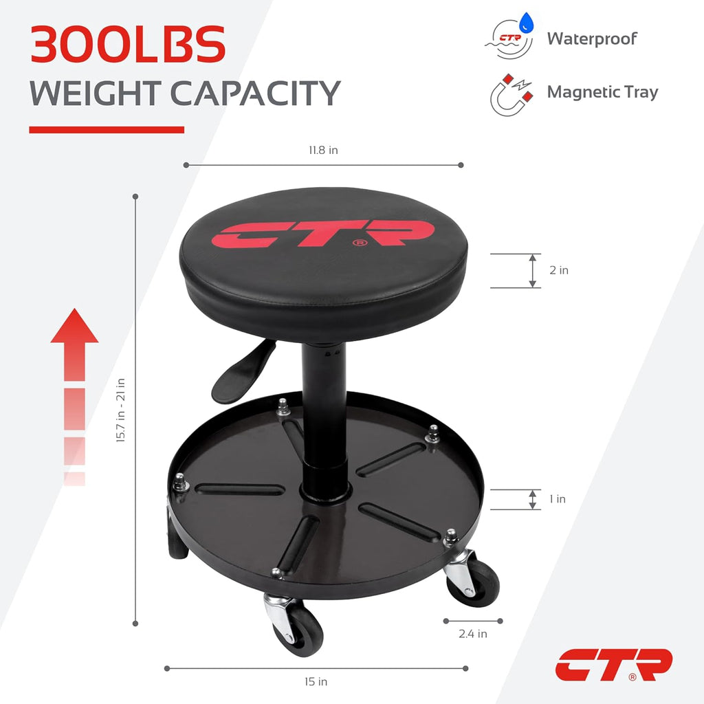 CTR Rolling Mechanic Shop Stool with Magnetic Tool Tray, Heavy Duty Work Stool, Adjustable Garage & Workbench Stool with Wheels, Creeper Seat Shop Chair