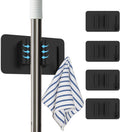 Stainless Steel Mop Holder Wall Mount – 4 Pack Heavy-Duty Broom Organizer with Strong Grip, Adhesive or Nail-Free Glue Installation for Bathroom, Kitchen, Garage