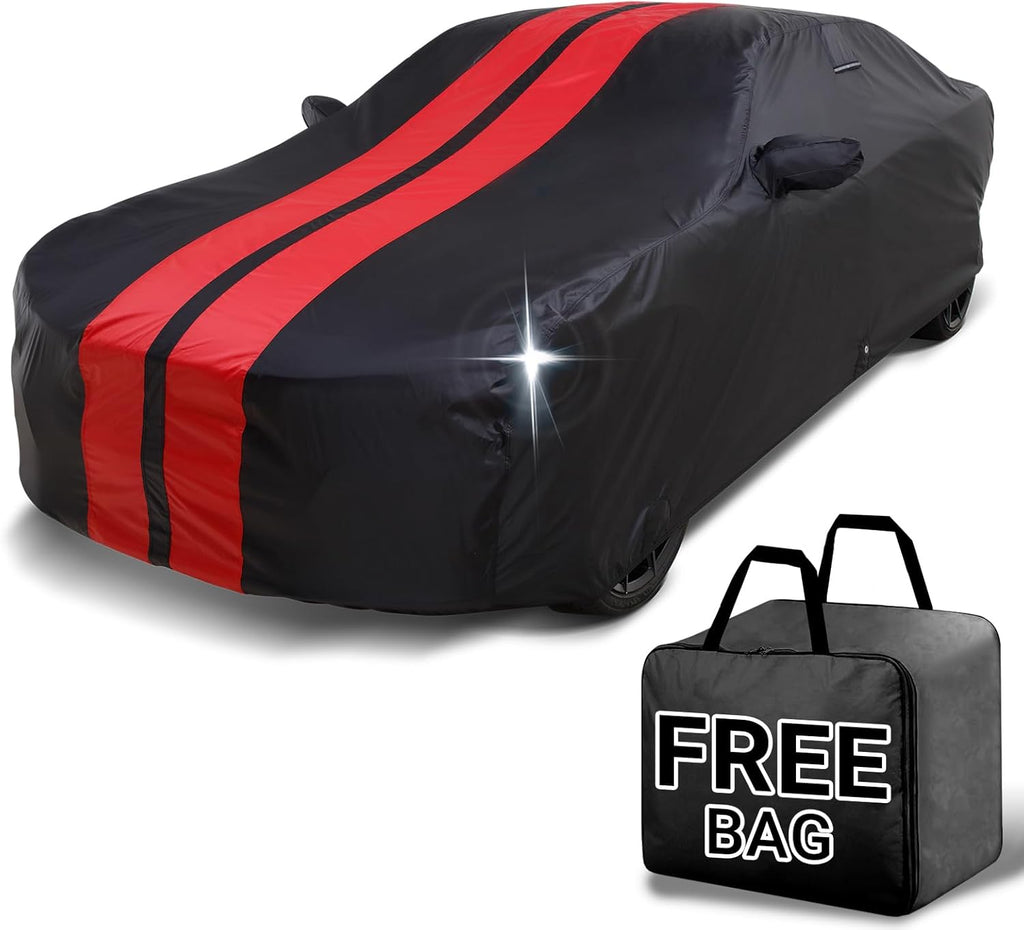 iCarCover Custom Car Cover for Chevy Camaro ZL1 (2017-2024) Waterproof All Weather Rain Snow UV Sun Protector Full Exterior Indoor Outdoor Car Cover (Stripe - Black/Red)