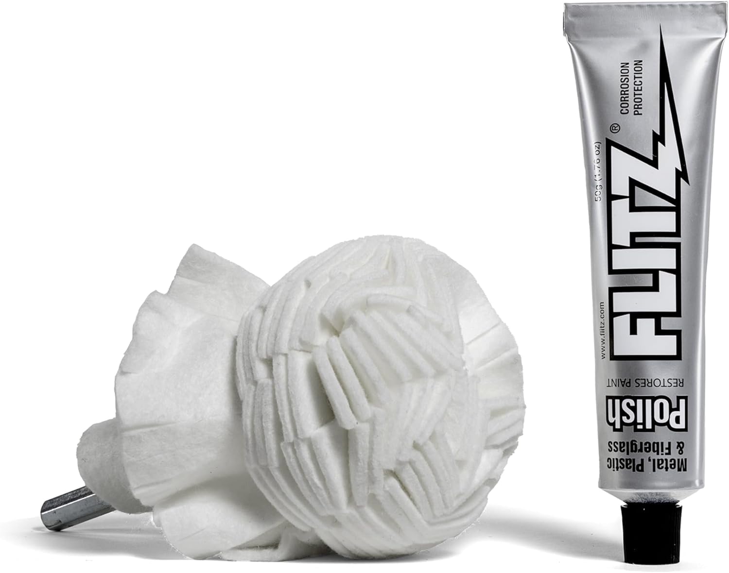 Flitz Buff Ball w/ 1.76oz Metal Polish Paste - 3in Drill Buffer Polisher Attachment for Any 3/8in Drill - Self-Cooling, Washable Polishing Ball to Buff, Shine, & Protect All Metals, Plastics (1 Pack)