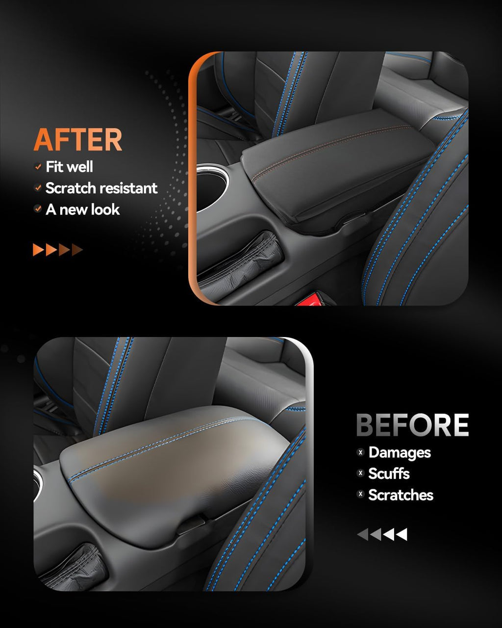 CDEFG for Ford Mustang 2024-2025 Center Console Cover Armrest Box Cover for Mustang 2024 2025 Accessories Console Arm Rest Protector Thickened Orange Line