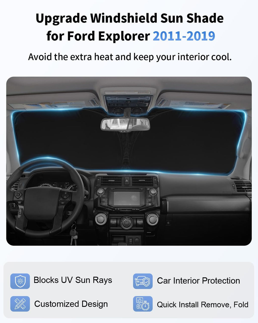 Windshield Sun Shade for 2011-2019 Ford Explorer SUV, ST XLT, Limited, Platinum Accessories Foldable Heat Shield Protector Block UV Ray Keep Your Car Cooler