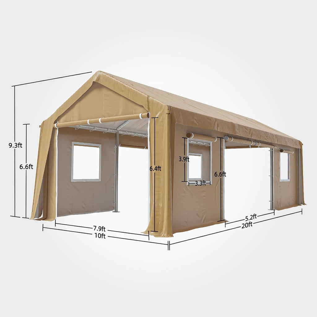 10x20ft Heavy Duty Carport Outdoor Canopy Portable Garage with 4 Doors & 4 Windows Waterproof UV Resistant Storage Shelter with Removable Sidewalls for Car Truck Boat, Earthy Yellow