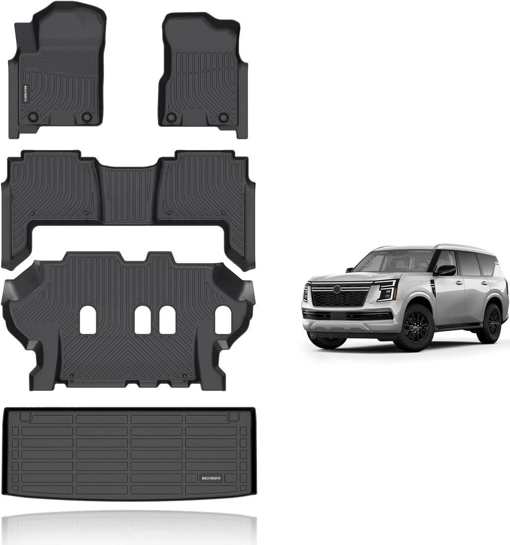 KELCSEECS® Floor Mats & Cargo Liner Custom for 2019-2024 Nissan Armada/Infiniti QX80 8 Seats(Bench Seat) Waterproof All Weather Mats Guard Automotive Liners Full Set Accessories Black