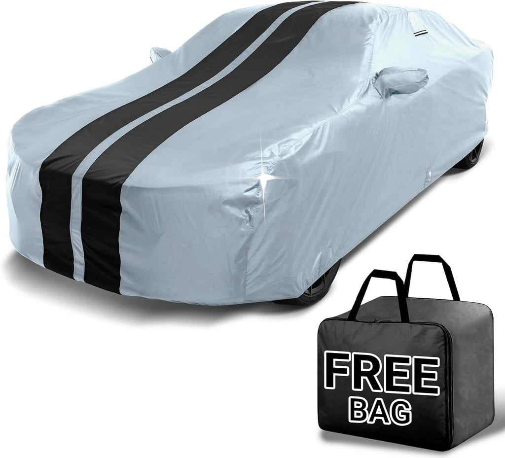iCarCover Custom Car Cover for Chevy Sonic Hatchback (2012-2021) Waterproof All Weather Rain Snow UV Sun Protector Full Exterior Indoor Outdoor Car Cover (Stripe - Gray/Black)