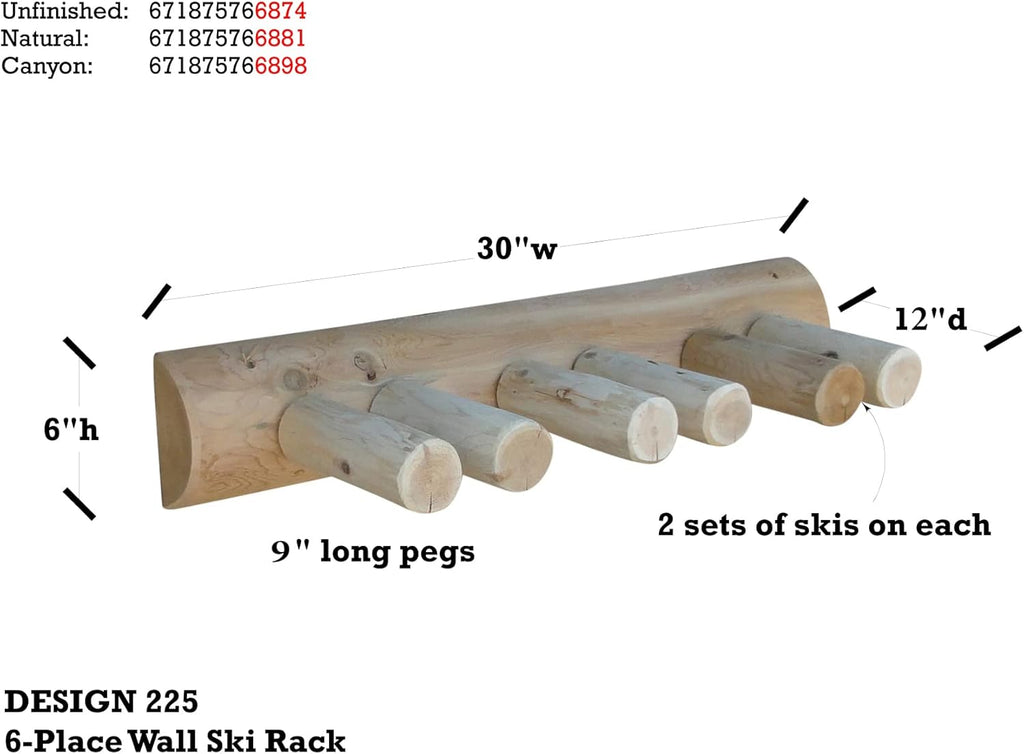 6-Place Log Ski Rack Wall Mount, Indoor Ski Storage Rack for Garage Organizers, Wooden Skis Wall Mount Storage Racks, Pole Skis Sports Racks, Garage Organization Walls - Canyon Brown